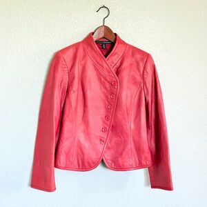 VTG 90s Edgy Bold Cropped Asymmetrical Red Leather Statement Moto Jacket Size 6P